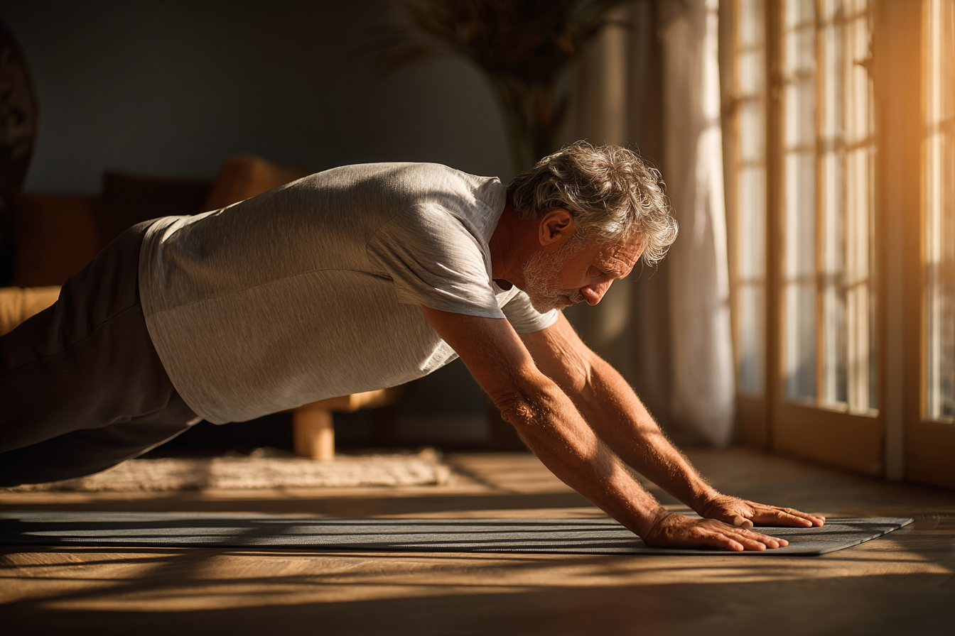 Зріла жінка практикує йогу на свіжому повітрі