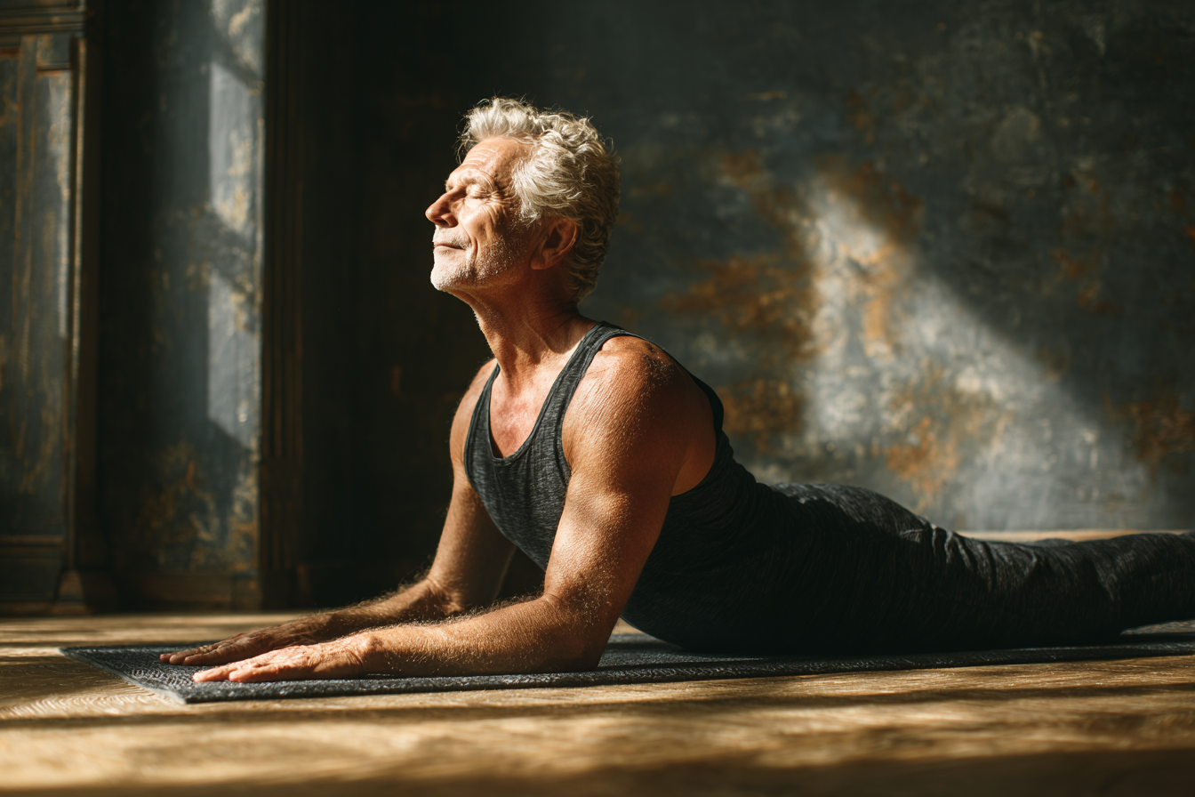 Група людей старшого віку займається йогою в парку